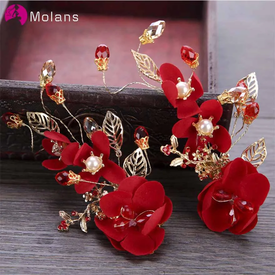 

MOLANS Chinese Red Flower Pearl Gemstone Hairpins for Bridal Wedding Golden Leaf Fabric Floral Alloy Chain for Women Headpiece