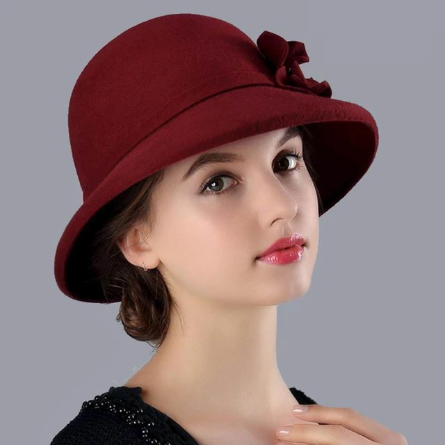 100% Australian Wool Fedora Hat Flower Noble Bowler Hats For Women Wide  Brim Formal Church Cloche Hat Black M9717 - Fedoras - AliExpress