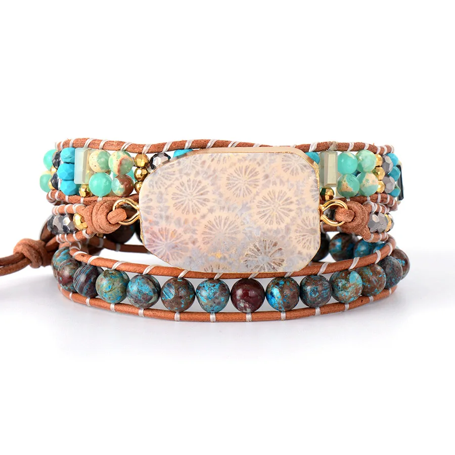 New Women Wrap Bracelet Natural Japser Crystal Leather Rope Bracelets