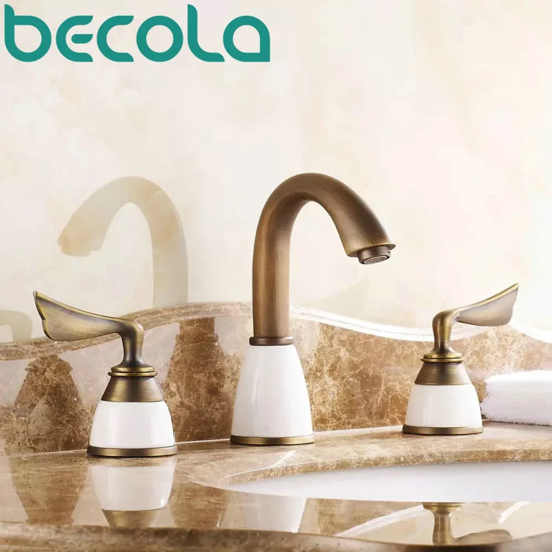 

Free shipping three piece brass faucet Bathroom Mixer Double handles Three hole Deck Mounted Taps GZ-8201
