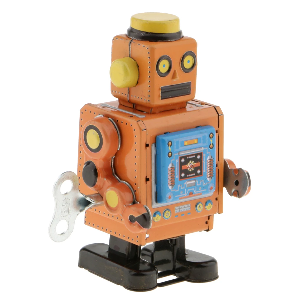 MagiDeal 1Pc 10cm Vintage Wind Up Clockwork Mechanical Walking Tin Crafted Robot Handmade Toy for Boys Birthday Gift Yellow