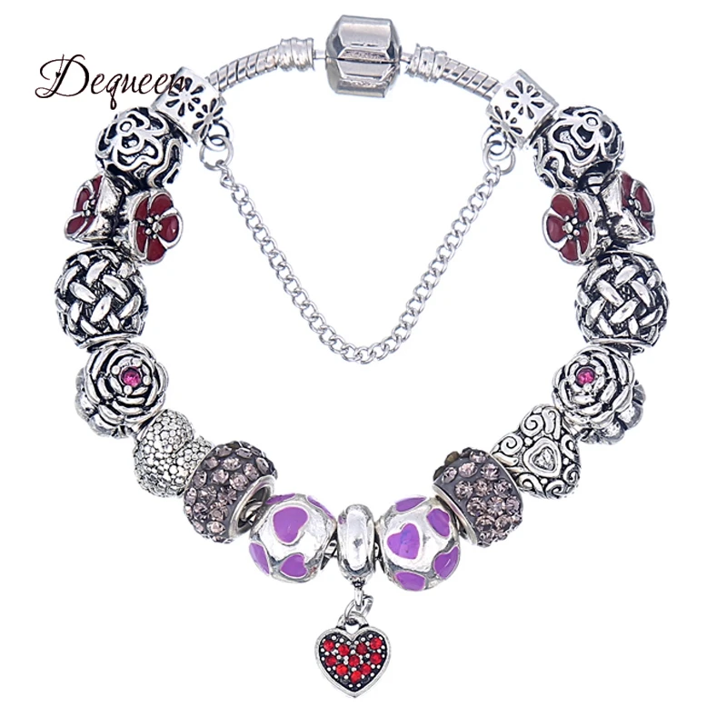 1pcs Red Charms Bracelet Romatic Love Heart Pendant High quality Glass Beads Flower Charm