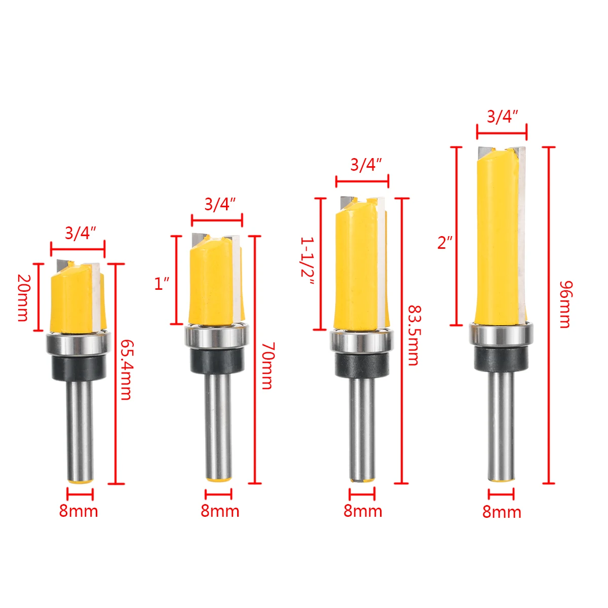 4Pcs/set 3/4'' Flush Trim Router Bit 8mm Straight Shank Milling Cutter Woodworking Carbide Router Bits