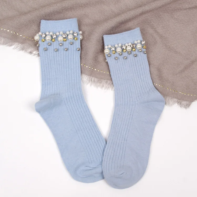 Женские хлопковые носки ручной работы, стразы, жемчуг, осень и зима, цена, 6 цветов