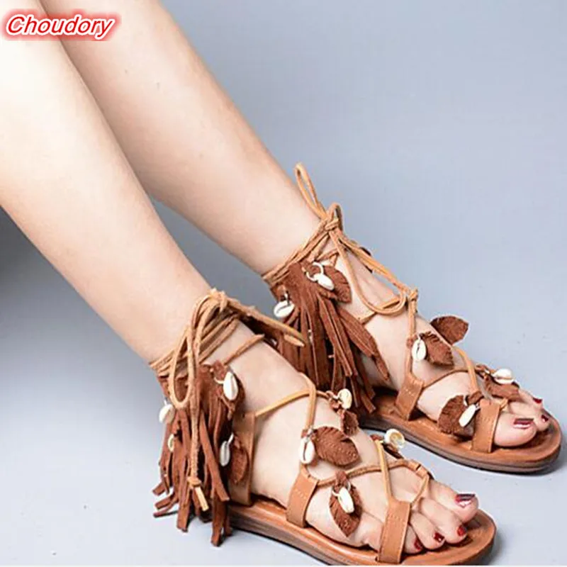 

Concise Bohemia Ethnic Style Women Sandas Open Toe Fringe Cross-tied Shoes Women Narrow Band Ankle Strap Leisure Sandals Women