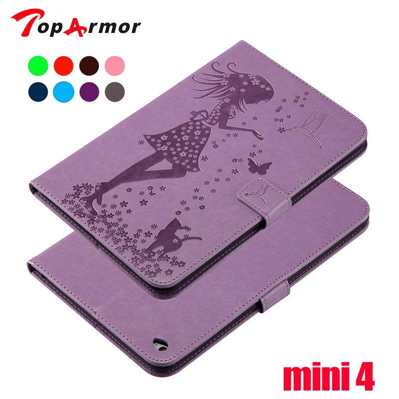 

TopArmor For Apple iPad mini4 Case Cute Girl Cat Embossed PU Leather Flip Stand Cases For iPad mini 4 Cover Funda Sleep Wake