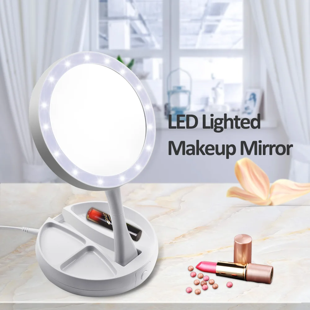 Portable 10x Magnification Makeup Mirror LED lights Mirror Folding