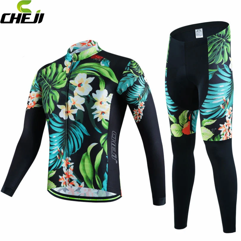 

CHEJI Team Men Team Long Sleeve Cycling Jersey Ropa Ciclismo Polyester Bike Coolmax Pant Set Wear Clothing