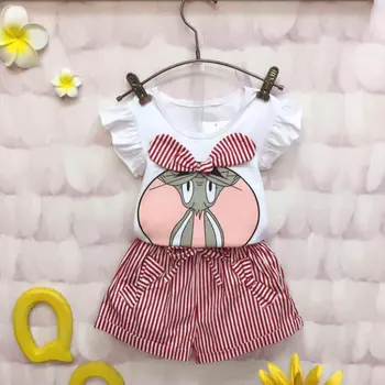 

Summer Girls Kids Clothes Set 2015 Baby Girl Character Short Sleeve T-shirt+Striped Short Pants 2pcs Fashion Children Suit CF250