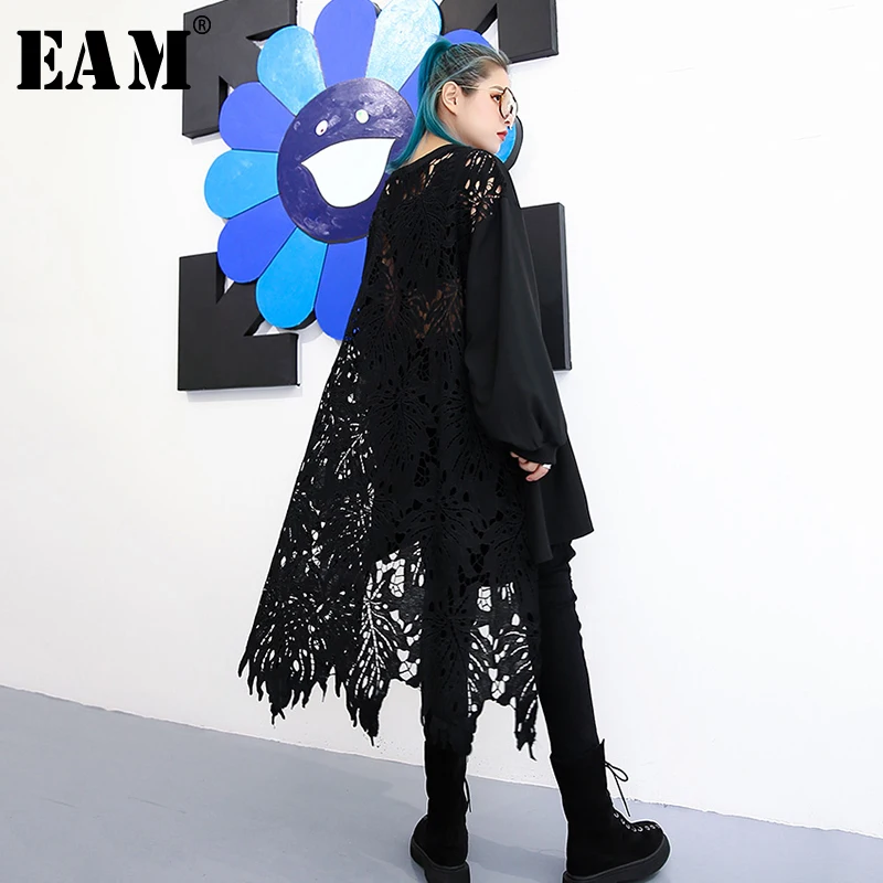 [EAM] новое осенне-зимнее черное кружевное свободное платье с круглым вырезом и длинным рукавом большого размера JH587