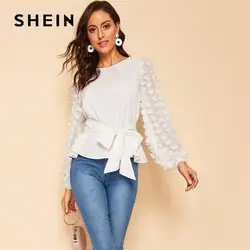 SHEIN аппликации фонари рукавом поясом белая блузка для женщин топы корректирующие весенние элегантные с длинными рукавами и круглым вырезо