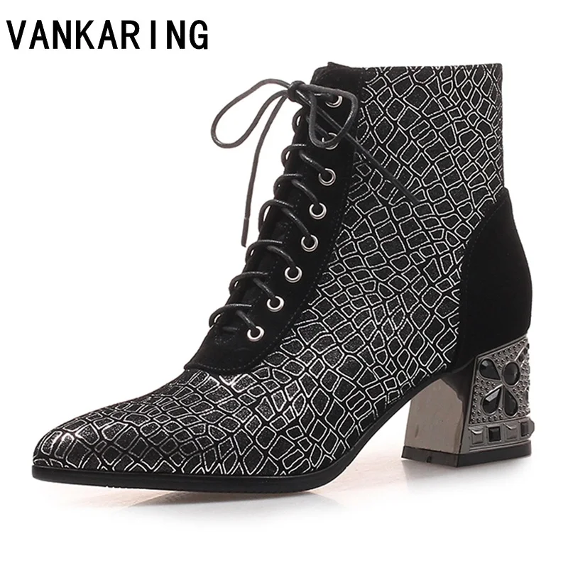 

vankaring Printed leather lace-up women ankle boots square high heel pointed toe riding boots zip warm shoes woman new arrival