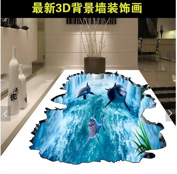 

3d wallpaper custom 3d flooring painting wallpaper murals 3D waterfall dolphin floor painting wall 3d living room photo wallpaer