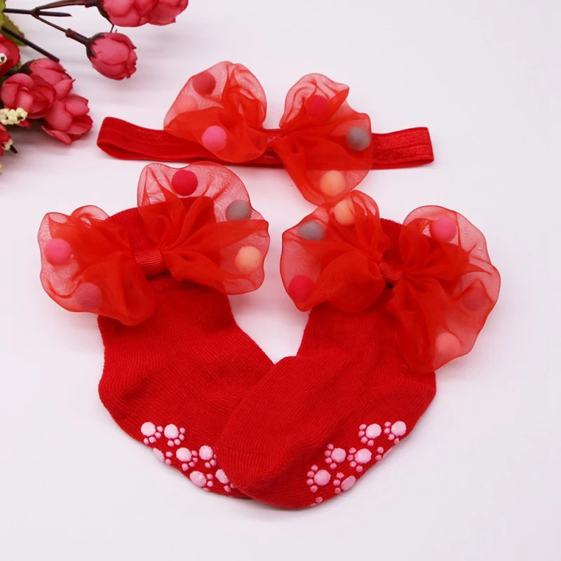 Комплект детских носков Хлопковые носки с бантиком и помпонами для