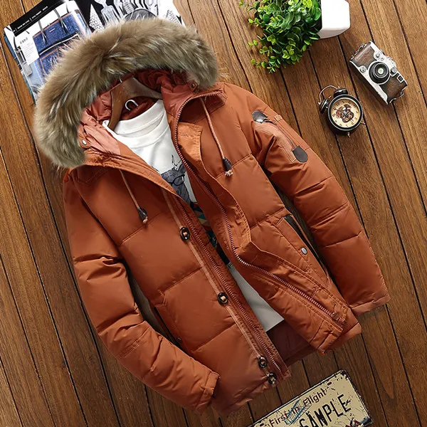 Новинка, мужская зимняя куртка на утином пуху, мужской свободный пуховик с меховым капюшоном, Толстая теплая парка, повседневные мужские пальто - Цвет: Orange