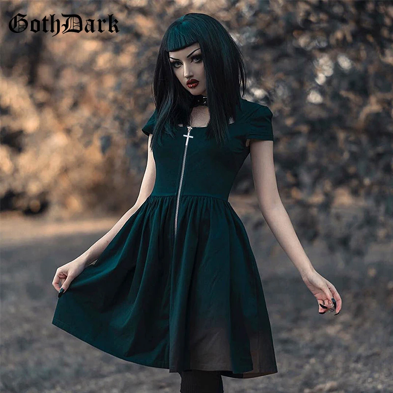 

Gothic dress women punk rock front zipper turtleneck women's dress summer black cool chic harajuku fashion women pleated dress