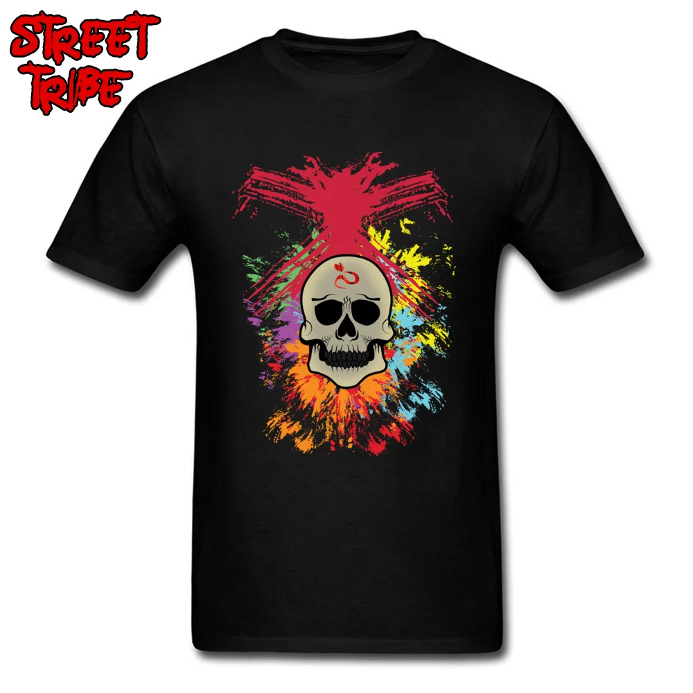 Colorful Skull Tshirts Special Short Sleeve Casual 100% Cotton O-Neck Men Tops Shirt Fitness Tight Tshirts Summer Fall Colorful Skull black