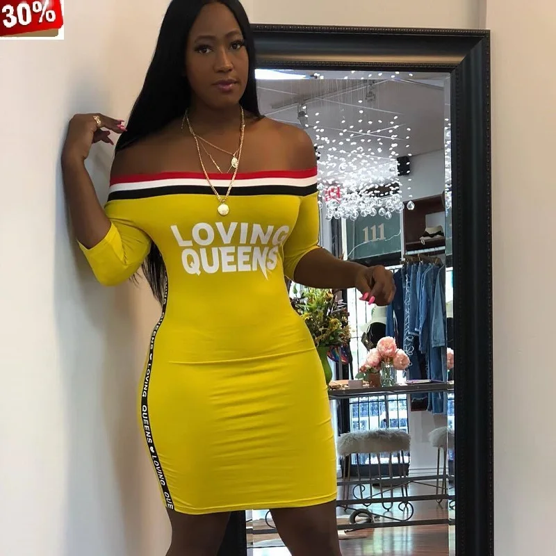 Robe Femme Ete Новинка года рубашка платье для женщин в полоску Сращивание Письмо печати с открытыми плечами Slash средства ухода за кожей Шеи