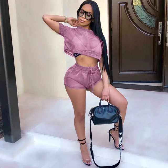Best Offers Bright color reflective mesh casual two-piece suit Round Neck Top With Shorts Two Piece Set Best Offers Bright color reflective mesh casual two-piece suit Round Neck Top With Shorts Two Piece Set