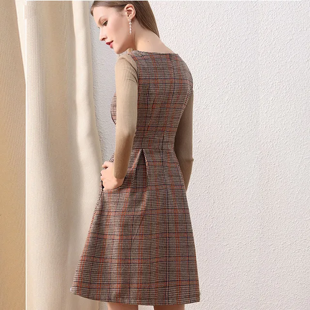 Winter Dress Peter Pan Collar Pocket Slim Elegant Women Woolen Dresses Plaid Knitting Sleeve Dresses Women's Women's Clothing