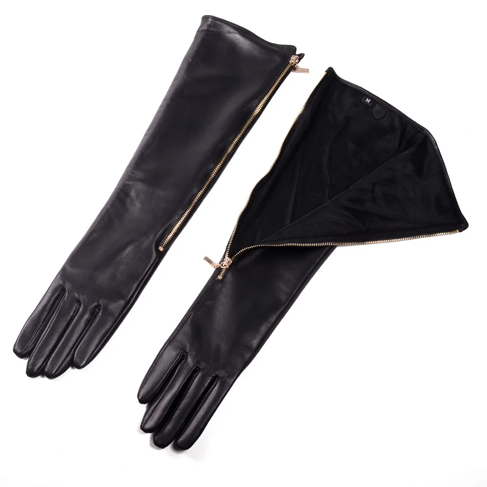 Новинка, женские весенние перчатки из натуральной кожи, боковая золотая молния, длина 45 см, для женщин, для вечеринки, черные, тонкие, Luvas