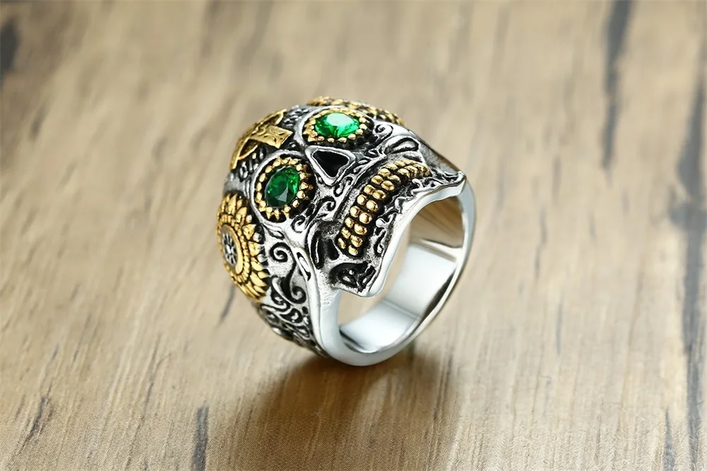 Мужской мексиканский сахарный череп, кольцо для панков зеленые глаза золотые кольца с зубами с готическим крестом для мужчин из нержавеющей стали байкерские мужские ювелирные изделия
