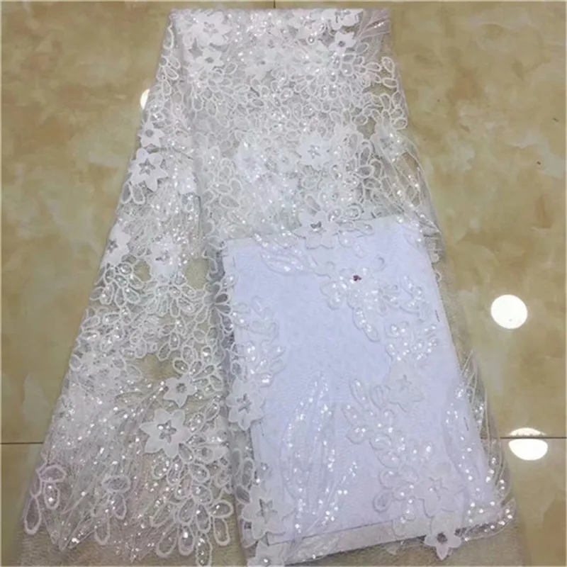 

White African Lace fabric High Quality Nigerian Tulle Lace Fabric 2019 New Design French Net Lace Fabric With Sequins For Dress