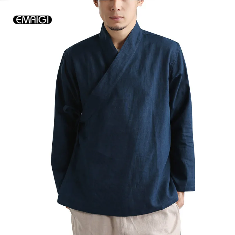 

Spring Autumn New Men Linen Belt Shirt Male Solid Color Loose Casual Shirts Long Sleeve China Kongfu Shirts Kimono