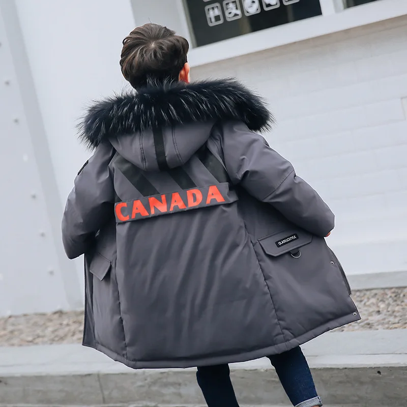 Теплое пальто для мальчиков, Детский пуховик, длинное пальто с капюшоном и натуральным мехом для 10, 12, 14 лет, теплая парка для подростков, Канадская детская одежда для мальчиков-30 - Цвет: Серый