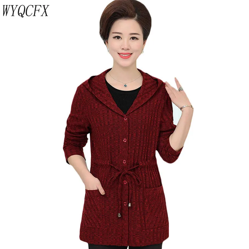 

2019 Knitted Sweaters Cardigan Women Plus Size 5XL Thin Slim Knit Coat Middle-aged Hooded Casual Spring Autumn Elegant Clothing