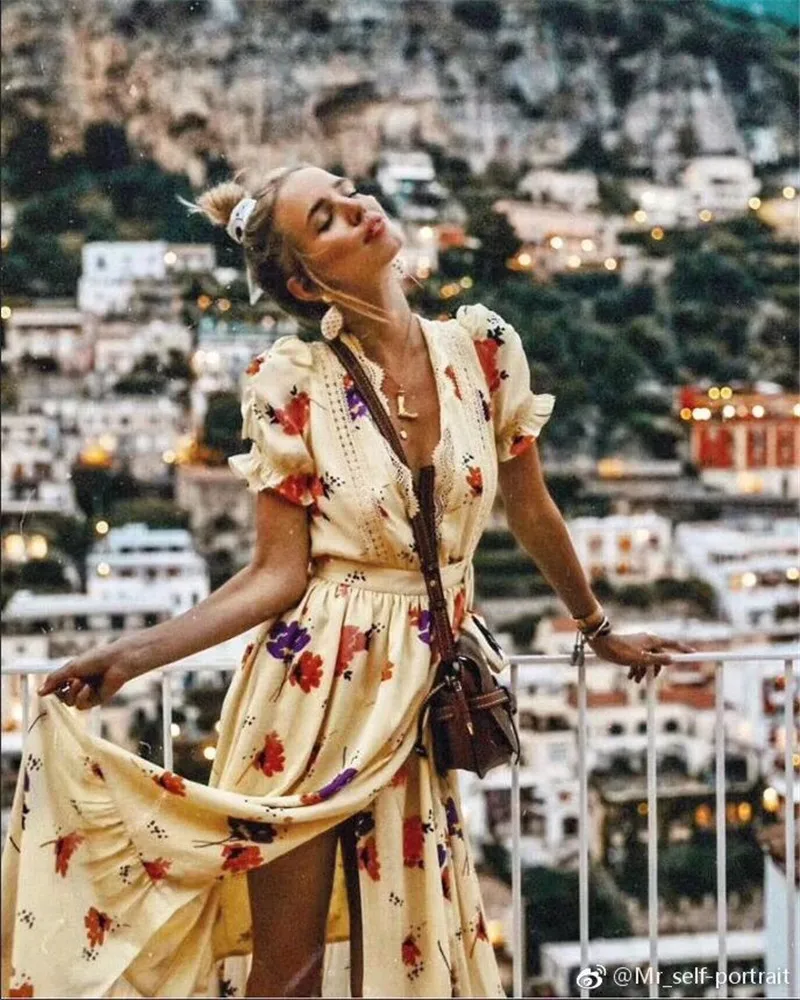 

2019 New arrive high quality yellow flower print women long dress