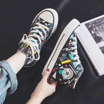 

Summer 2019 New High-Up Canvas Shoes Graffiti Sneakers Lady Vulcanized Uzzang Leisure Trainers Lace Up Ins Style Girls Shoes