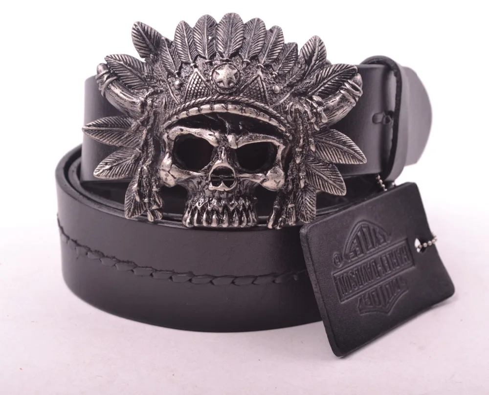 Men s vintage full grain leather belts skull belt buckle for cowboy