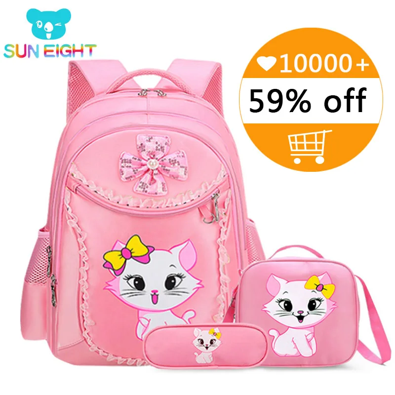 SUN EIGHT Sweet Cat Girl's School Bags Cartoon Pattern Kid Backpack Children School Backpack Girl Bag mochilas escolares infanti