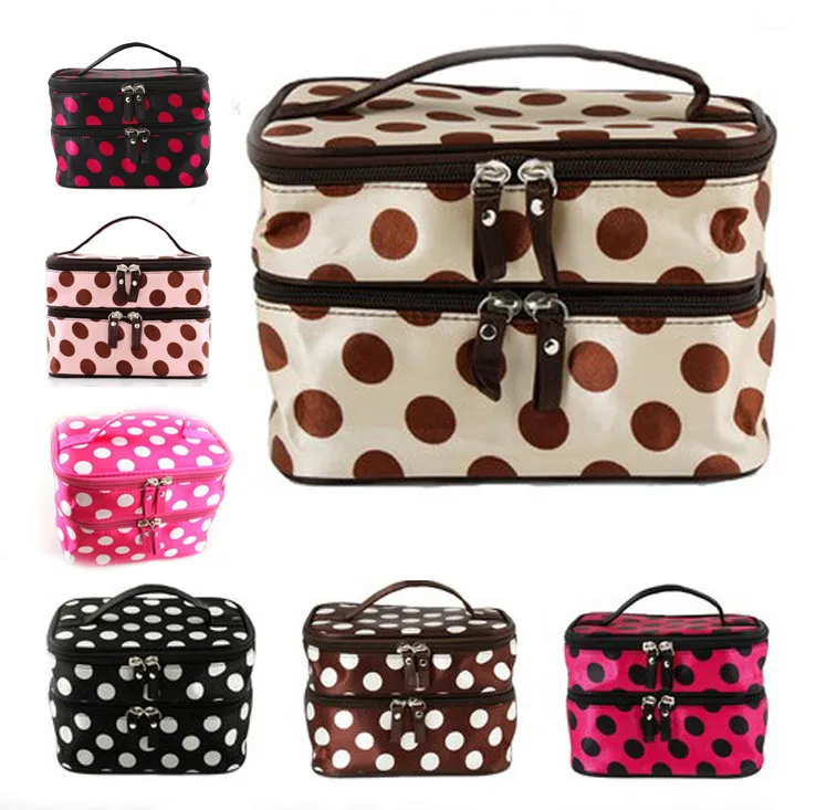 Lady Double Cosmetic Bag Retro Dot Beauty Case Makeup Bag Set Kit