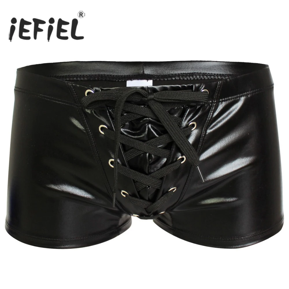 

2017 Sexy Men Patent Leather Gay Pants Latex Men's Swimwear Boxers Shorts Drawstring Trunk Wetlook Swimsuit Lingerie Underwear