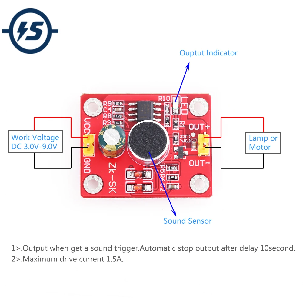

Voice Delay Driver Module DC 3V-9V 1.5A 10s Intelligent Control for Motor LED Lamp Small Electric Fan Sound Sensor