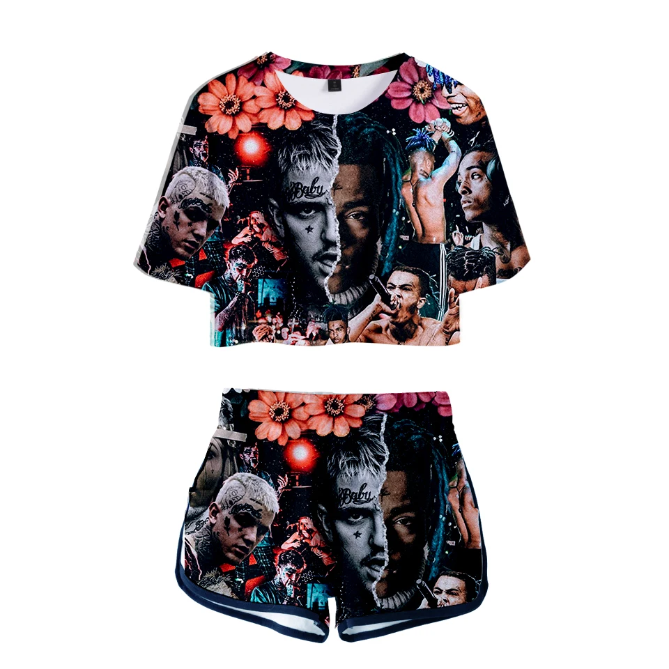 2018 XXXtentacion lil peep 2 шт. комплект для женщин мужчин 3D летние шорты и футболки комплект из двух предметов укороченный Топы хит хоп повседневная
