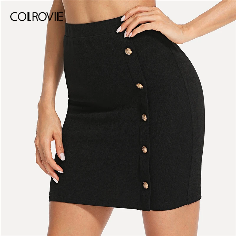 

COLROVIE Black Solid Gold Button Front Bodycon Elegant Skirt Women 2019 Summer Korean Streetwear Mini Skirt Office Pencil Skirts