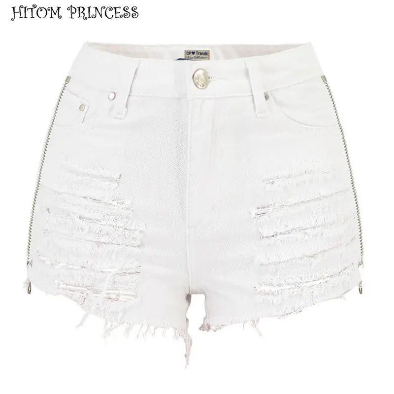 HITOMI PRINCESS Звездные вышитые рваные джинсовые шорты Женские молнии с короткими джинсами и узкими джинсами - Цвет: Белый