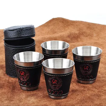 

4pcs/lot 70ml Outdoor Camping Tableware Travel Cups Set Picnic Supplies Stainless Steel Wine Beer Cup Whiskey Mugs PU Leather