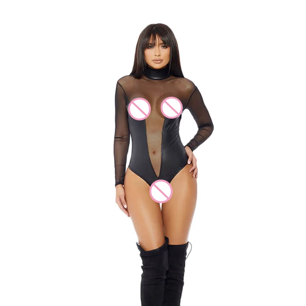 Bodysuit New Women Sexy Artificial Leather Mesh Long Sleeve Clubwear Black Bodysuits Jumpsuit Catsuit 19Apr30 P40