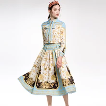 RED ROOSAROSEE Spring Summer 2018 Female New Printing Lapel Long Sleeved Shirt Large Swing Skirt Suit