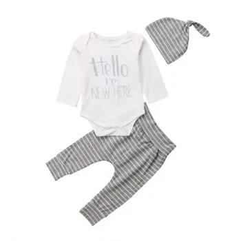 

NEW Newborn Baby Boys Girls Clothing Sets Striped Cotton Tops Romper Pants Hat 3pcs Outfits Casual Clothes Baby Boy 0-24M