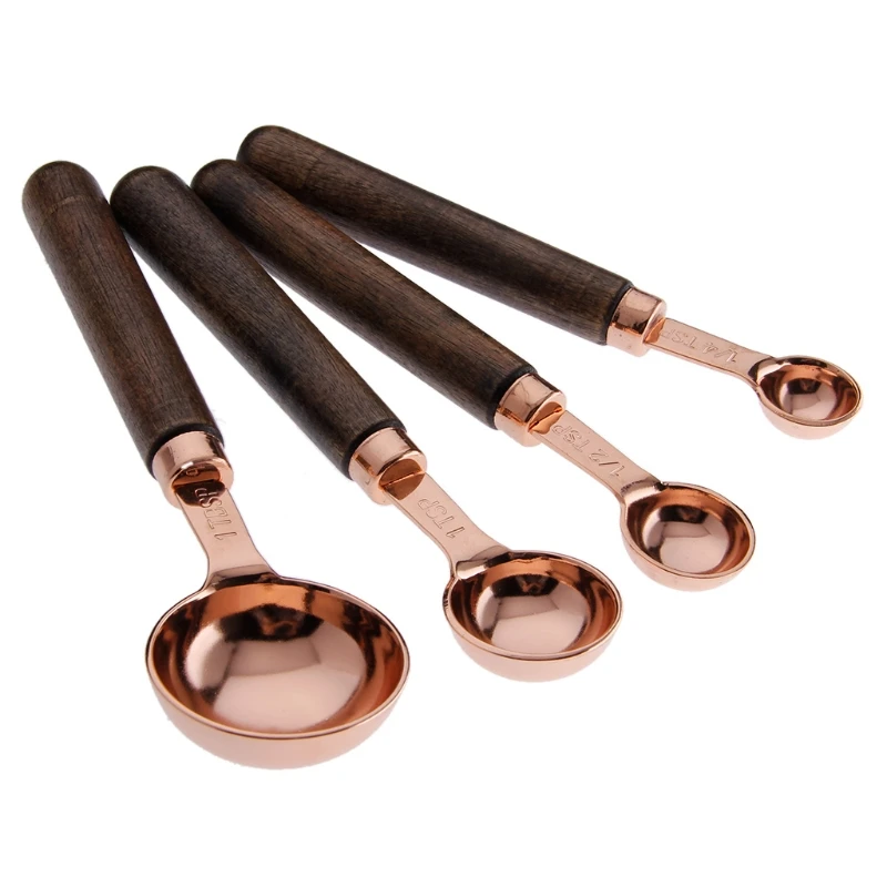 LINHU 5Pcs Coffee Heavy Duty Wooden Handle Stainless Steel Rose Gold Measuring Cups Baking Tool Measuring Spoons Set Sugar Scoop Cups