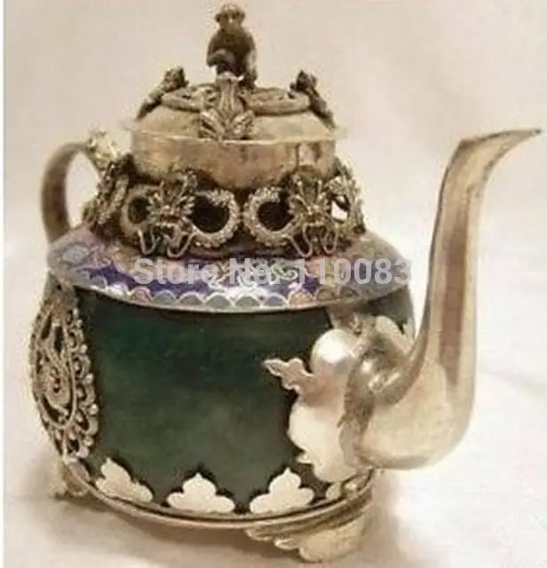 

Vintage Handwork Teapot For Chinese Oriental Rare tibet silver monkey dragon green jade teapot Antique Metal Wholesale