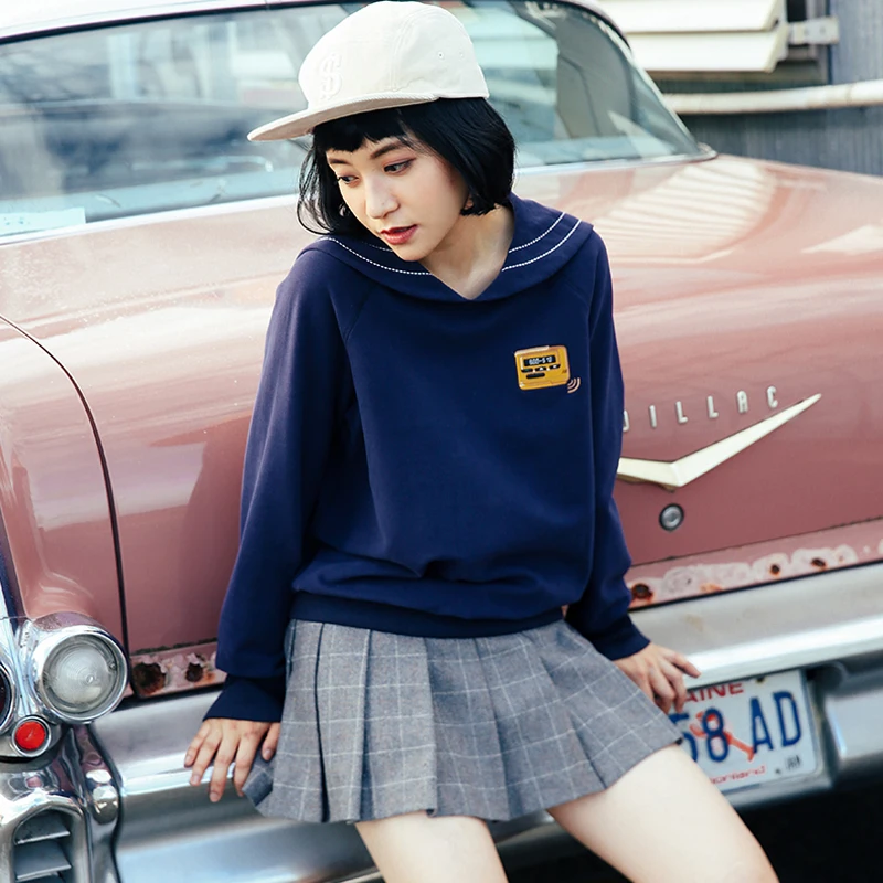 

Vintage Design Women Sailor Collar Hooded Pullover Sweatshirt Long Sleeve Loose Cotton Spring Autumn Tops Letters Embroidery