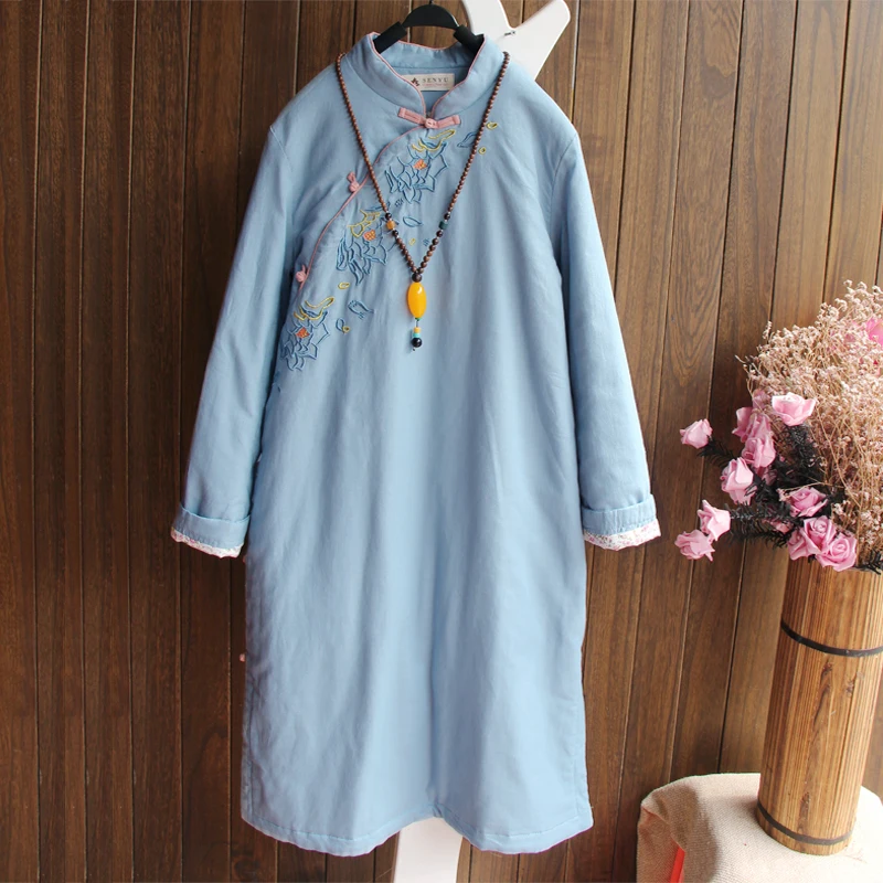 

2018 women embroidery retro coat cotton linen outwear pink blue yellow outcoat cotton padded chinese style middle long parkas