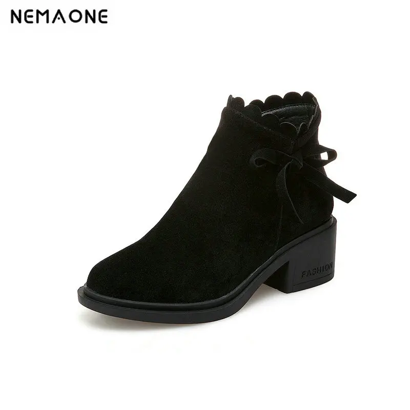 

NEMAONE Sweet Thick Heel Women Ankle Boots 2019 Autumn Winter Lady High Heel Martin Boots Booties Black Shoes Women