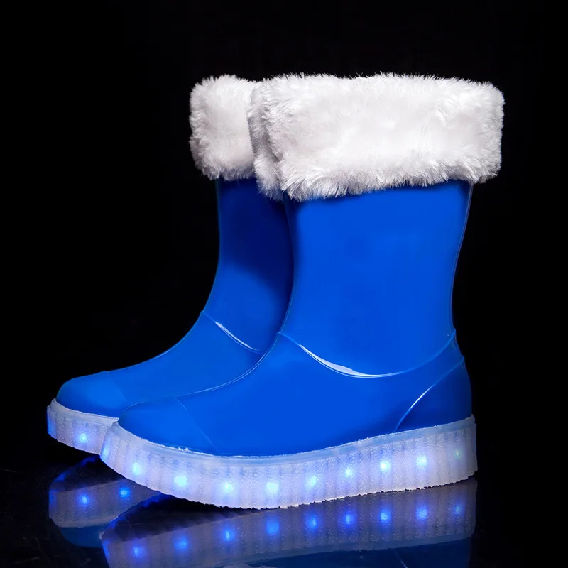 

USB Rechargeable LED Children Rain Boots Boys And Girls Fashion PVC Waterproof Kid Lighted Shoes Short Plush Can Be Removed